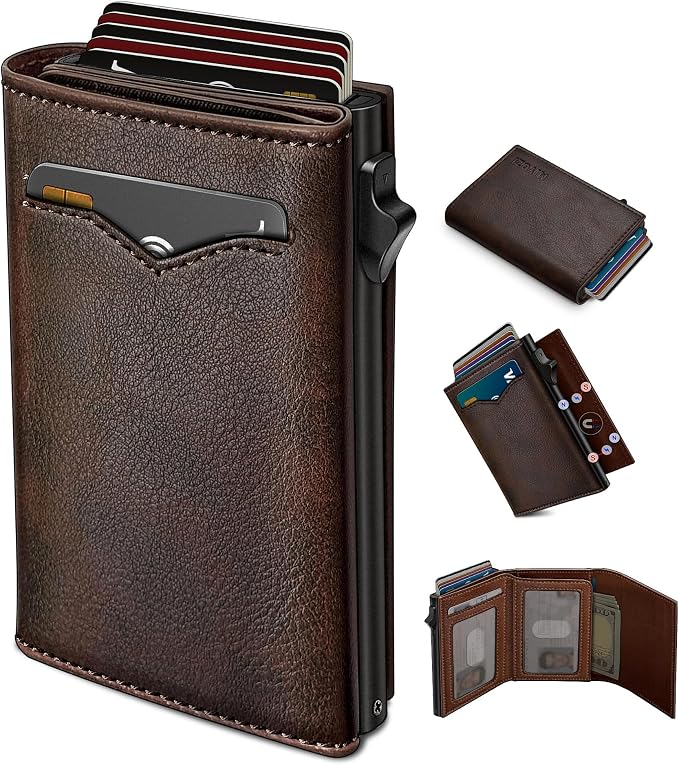 Wallet for Men,with Cash Pocket 2 ID Window 9-13 Cards,Metal Case Smart Slim Pop Up Credit Card Holder Flip with Magnetic Closure RFID Blocking Trifold wallet with Gift Box