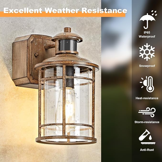 Upgraded Porch Lights with GFCI Outlet-Motion Sensor & Dusk to Dawn Outdoor Light Fixture,3 Lighting Modes Waterproof Anti-Rust Faux Wood Grain Outdoor Lights for House Porch Garage (2 Pack