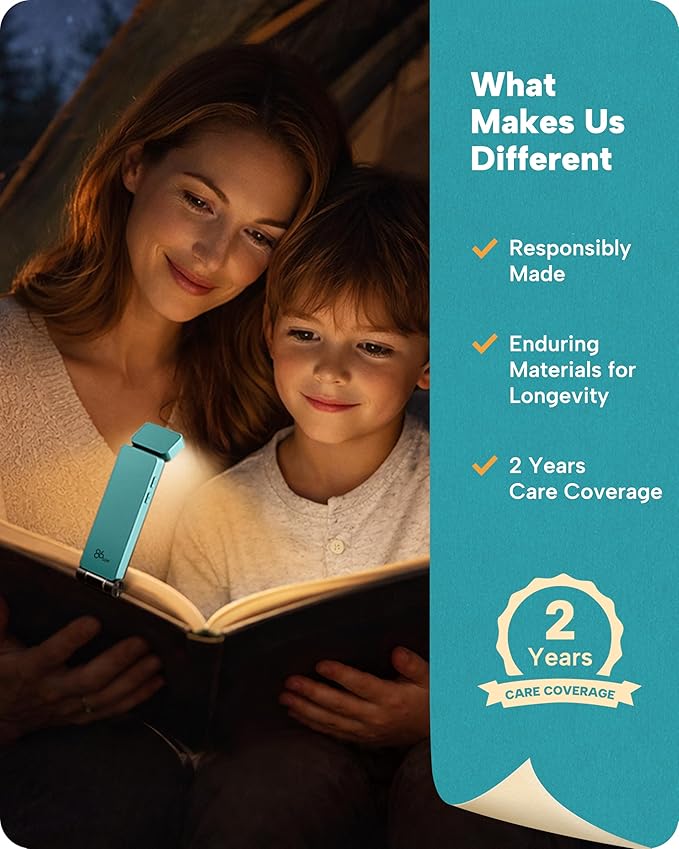 86lux Book Light, Rechargeable Clip-On LED Reading Light for Bed & Night Use - 3 Color Temperatures with Stepless Dimming, Ultralight Bookmark Design for Kids, Book Lovers, Cyan
