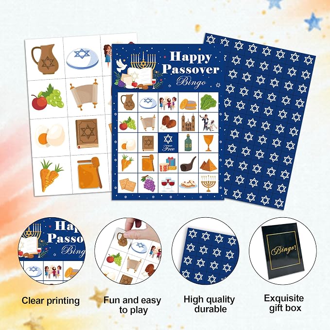 Passover Bingo Game Cards, Religious Bingo Set for Adults Large Group, Pesach Themed Fun Games, Jewish Seder Matzo Party Activities Icebreaker Games for Family Friends, 17