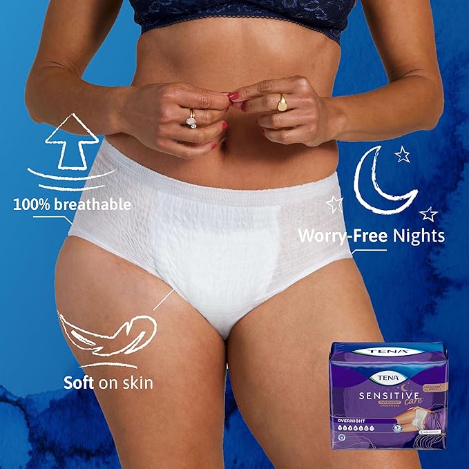TENA Sensitive Care Overnight Incontinence Underwear for Women, Bladder Control, Postpartum, L, 64 Count (Waist size 32in-42in)