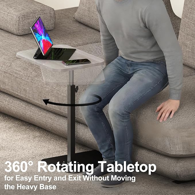 Side Table Sofa Tray for Couch Heavy Metal Base Swivel/Adjustable Height | Sofa Bed Bathroom Study TV Tray C Shaped End Table Food Snack Trays for Eating