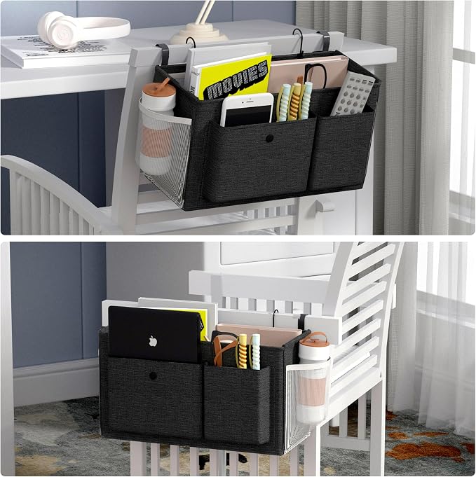 Bedside Caddy Bedside Storage Hanging Organizer for Bunk Dorm Bed Rail | Bed Caddy with Hooks, Top Bunks and Dorm Essentials for Water, Tissues, Tablets, Books, Phones, Remotes and Other Necessories