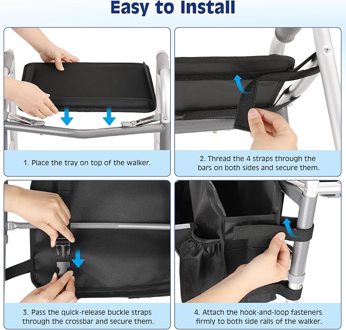 MoKo Walker Basket Bag with Tray, Upgraded Detachable Walker Tray for Folding Walkers with Non-Slip Mat, Large Storage Bag with Multi-Pockets and Cup Holder, Walkers Accessories for Senior, Black