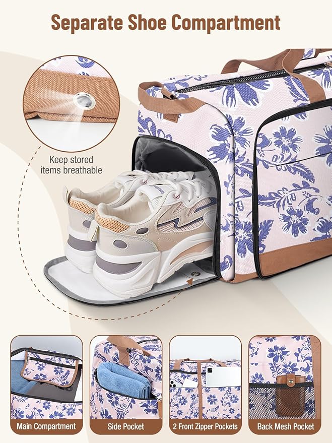 Lekesky Foldable Travel Duffle Bag for Women, Large Duffel Bag with Separate Shoes Compartments & Straps, Carry On Weekend Bag for Women, Hospital, Overnight (Pink Floral Print, 80L)