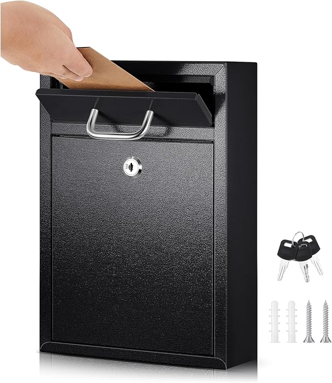 Yaocom Locking Mailbox with Key for Outdoor 12.2 x 8.5 x 3 Inches Large Wall Mount Mail Box with Lock Security Mail Drop Metal Collection Boxes Hanging Secure Postbox(Black)