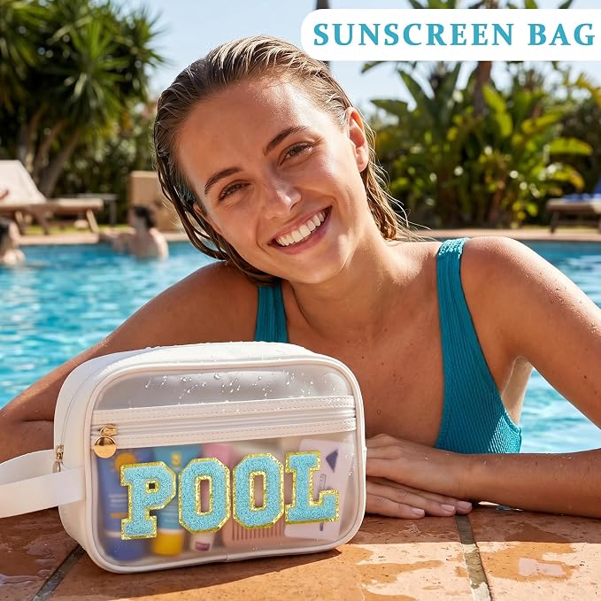 COSHAYSOO Clear POOL Makeup Bag Small Travel Pouch for Women Teenager Girls Pool Accessories Stuff Organizer Preppy Chenille Letter Patch Summer Girly Things