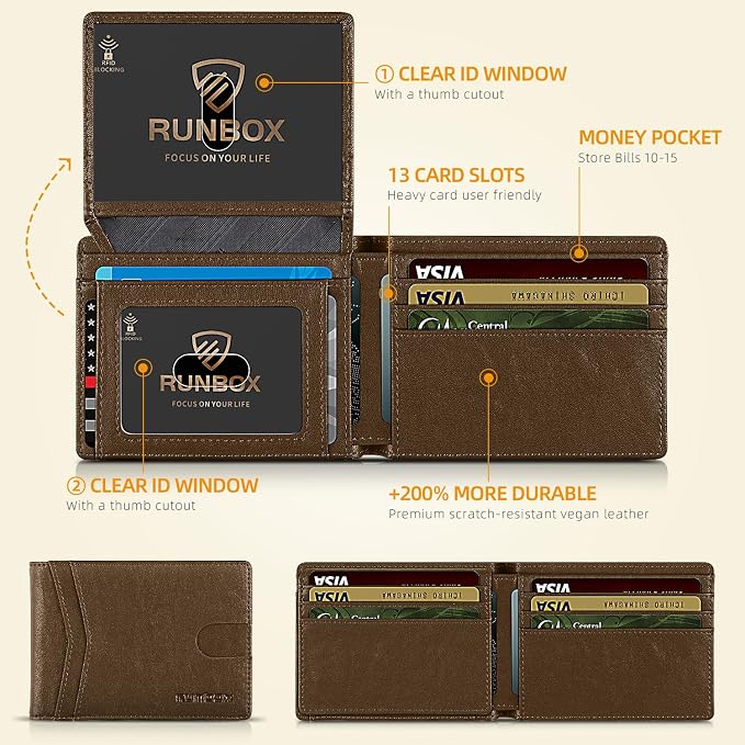 RUNBOX Wallet for Men -Slim Rfid Leather Mens Bifold Novelty Wallets 2 ID Window With Gift Box Men's Accessories | Minimalist Front Pocket Design, Holds 15 Cards, Large Capacity with Cash Pocket,Compact and Thin, Birthday Gifts for Men