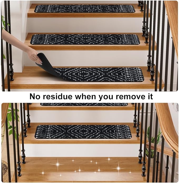 OJIA Boho Stair Treads Non-Slip Stair Runners for Wooden Steps 15PC 30"x8" | Indoor Washable Carpet Stair Treads Stair Mats Staircase Step Treads for Kids, Elders and Dogs, Stair Covers, Black