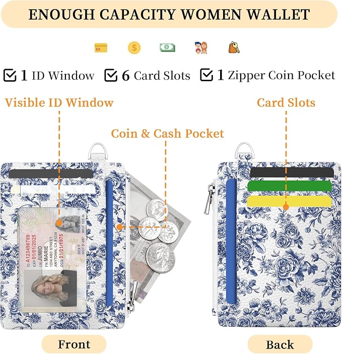 Hancynir Floral Flower Credit Card Holder Small Wallet Women Slim RFID Cute | Zipper Keychain Pocket Wallet, Thin Travel Coin Purse, PU Leather, Minimalist Card Case, 6 Card Slots, Ladies Women Gifts