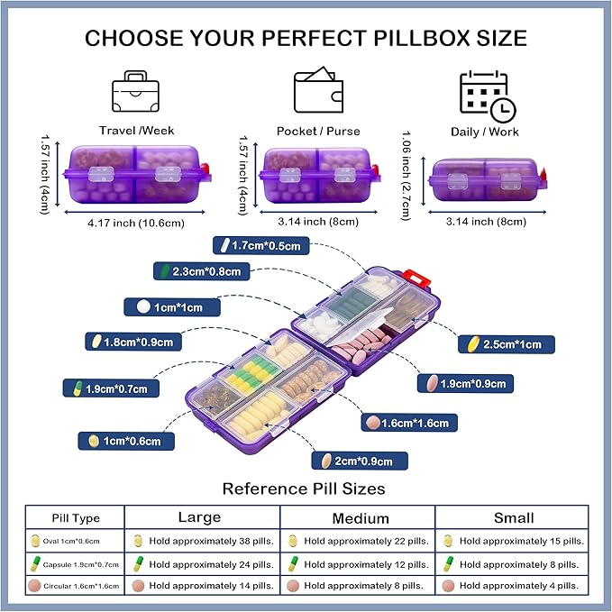 2026 New Extra Large Pill Box with Medicine Labels Travel Essentials Daily Med Container Mini Medication Organizer Storage Organizer Case 7 Day Pill Organizer(Purple)