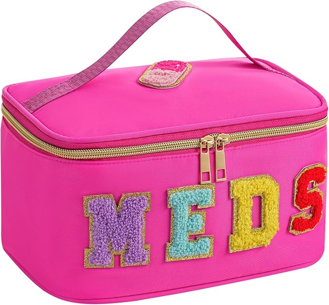 uekeboag Personalized Chenille Letter MEDS Makeup Bag, Portable Nylon Cosmetic Toiletry Storage bag with Top Handle, Transparent Meds Travel Organizer Cosmetic Bag(15Hot Pink)