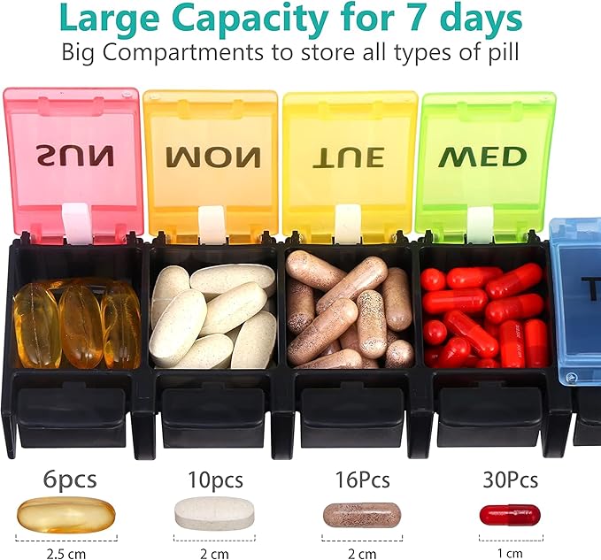 Fullicon Weekly Pill Box Organizer, 7 Day Tablet Boxes for Vitamins and Supplements, Easy to Open Large Medicine Box, Portable Push Button Arthritis Friendly Medication Organizer for Travel