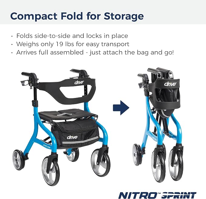 Drive Medical Nitro Sprint Rollator Walker with Seat, Standard, Blue | Lightweight Rollator with Large Wheels Offers Compact Folding Design for Standard Size Everyday Comfort