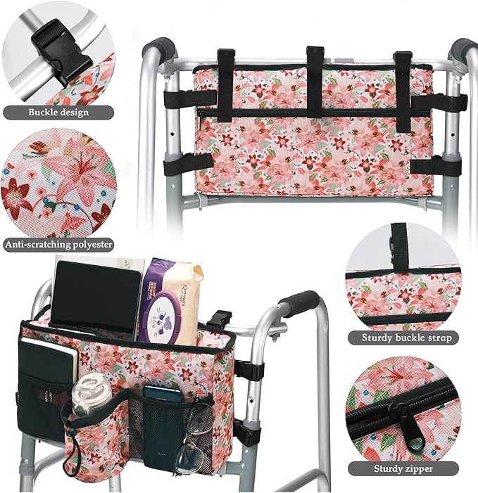 Double-Sided Walker Bag with Flower Design,Tote Handle Zipper Plug Buckle Organizer Pouch for Seniors, Walker Accessories