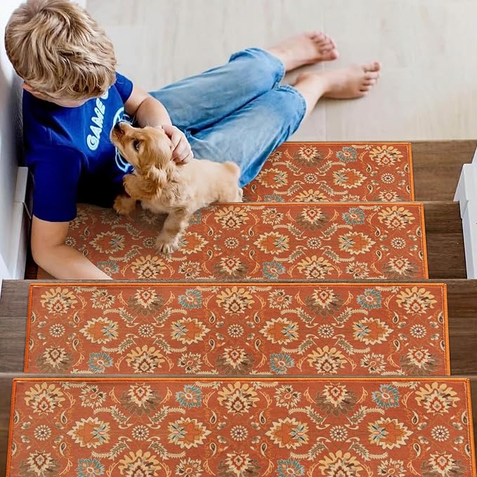 Lahome Carpet Stair Treads Non Slip Backing, Orange 15 Pack Stair Treads | 8" X 30" Stair Treads for Wooden Steps Indoor, Soft Washable Stair Runners Oriental Staircase Rugs for Kids Pets Elders