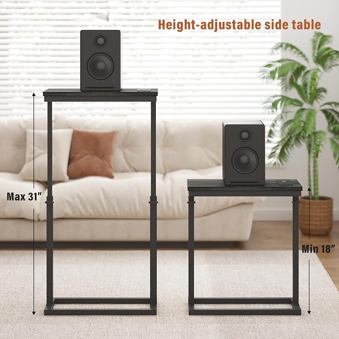 TUTOTAK End Table with Charging Station, Side Table, Tall Couch Table | Sofa Table, for living Room, Bedroom, Grey TB01BY084