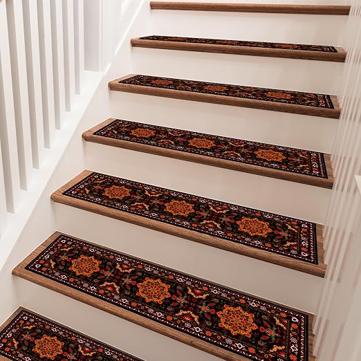 Stair Treads for Wooden Steps 15 Pack, Vintage Distress Print Pattern Runners Non Slip and Washable, Rug Carpet for Stairs with Silicone Backing 8" X 30"