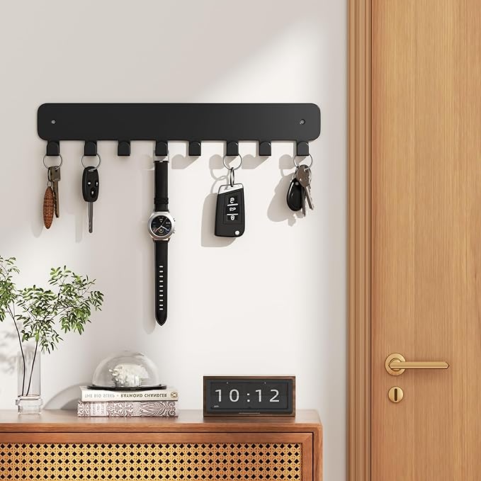 pickpiff Key Holder Wall Mount, Adhesive Key Rack with 8 Hooks Hanger for Car Key Ring, Metal Key Chain Organizer, Black 1 Pack