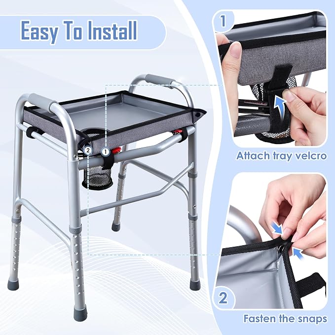 Walker Tray with Cup Holder – Universal Hard Top Walker Accessory for Seniors | Adjustable Side Panels, Waterproof & Easy to Install, With Cup Holder Keeps Drinks Stable, Universal Fit, No Tools Required