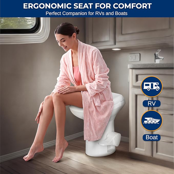 SereneLife RV Gravity Flush Toilet with Foot Pedal and Hand Sprayer | T-Type Full-Bowl Flush Coverage With Odor-Resistant Sealing For RVs, Boats, Campers, Trailers And Marine Bathrooms