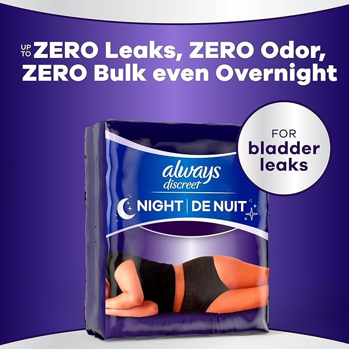 Always Discreet Night, Reimagined Adult Diapers for Women, Extended Overnight Absorbency Incontinence and Postpartum Underwear Size XL/XXL, 360 Degree Coverage While Laying Down, 14 Count