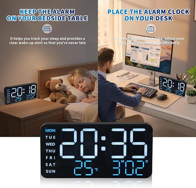 KCKJ Large Digital Alarm Clock for Bedroom & Home - with Temperature, Date and Weekday Display, Adjustable Brightness & Volume, Dual Use for Desk or Wall Mount