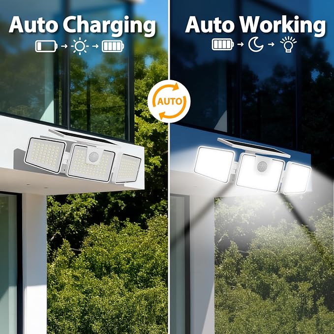 INCX Solar Lights Outdoor, 3000LM Motion Sensor Outdoor Lights, 4PCS, White | 3 Adjustable Heads; 156 LEDs; IP65 Weather Resistant; 6500K Daylight; Wide coverage for garages,yards,patios,and entryways