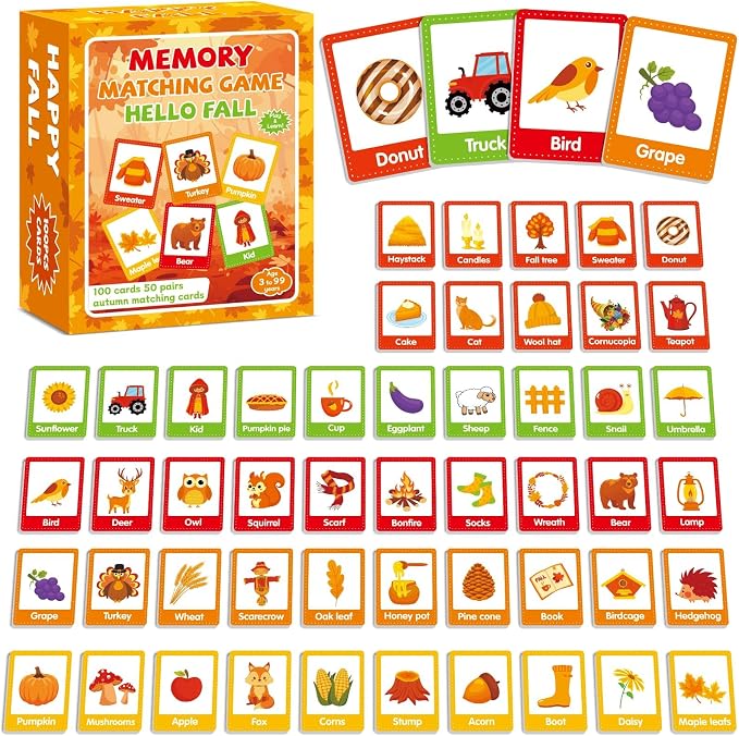 gisgfim 100 PCS Fall Memory Matching Game Thanksgiving Happy Fall Concentration Memory Games for Kids Educational Ages 3-8 A Fun & Fast Autumn Theme Memory Matching Games