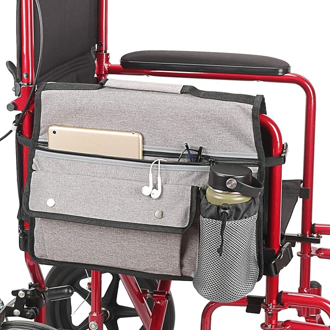 Wheelchair Storage Bag, Double-Sided Armrest Pouch with Cup Holder and Reflective Strip, for Wheelchairs and Walkers (Gray)