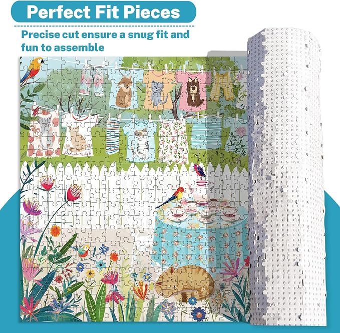 500 Piece Jigsaw Puzzle for Adults, Garden Laundry Day with Cats & Birds | Whimsical clotheslines, blooming flowers, cozy tea table, family game night, screen-free fun, wall decor and gifts