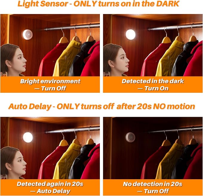 STAR-SPANGLED 2.8” LED Motion Sensor Light Indoor AAA Battery, 6 Pack White | Stick on Puck Light Battery Operated, Round Motion Activated Night Lamp, For Closet Stairs Under Cabinet Kitchen Pantry Shelf