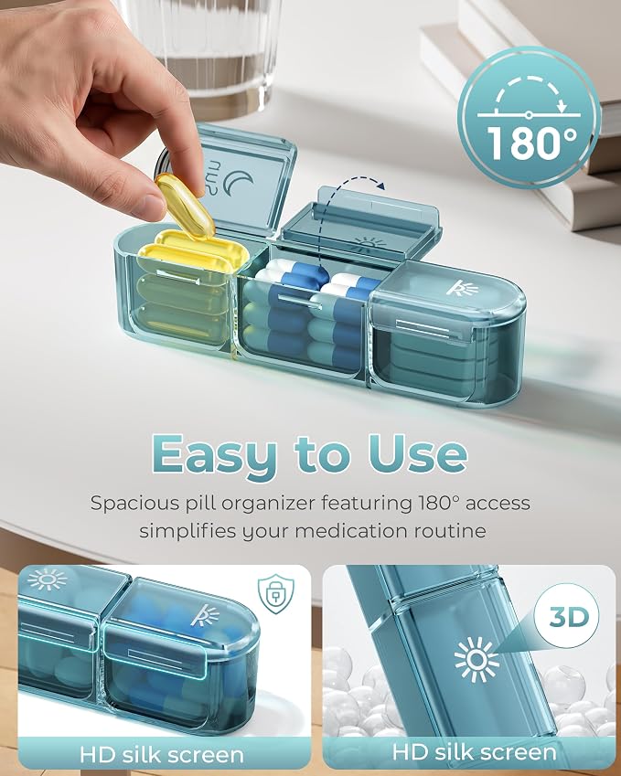 Windtrace Pill Organizer 3X a Day - Dusty Blue Portable Pill Case | Easy Carry, 3x Daily, Fade-Proof, Bold Labels, Arthritis-Friendly, One-Handed, Spill-Proof, Double-Layer, ABS Shell