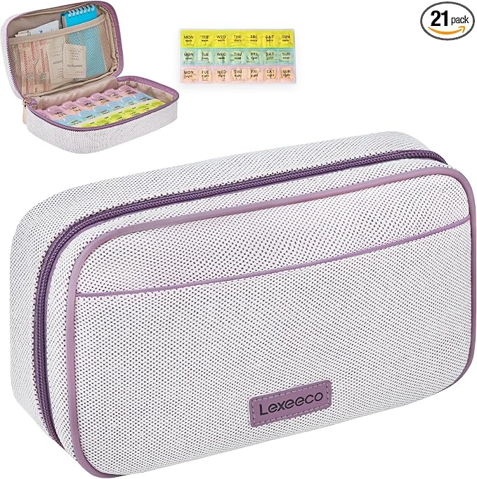 Weekly Travel Pill Organizer 3 Times A Day Pill Case for Purse with Removable 7 Day Pill Box Holder,Cute Medication Organizer Pill Container for Medicine, Vitamin, Fish Oils,Supplement(Purple, Large)