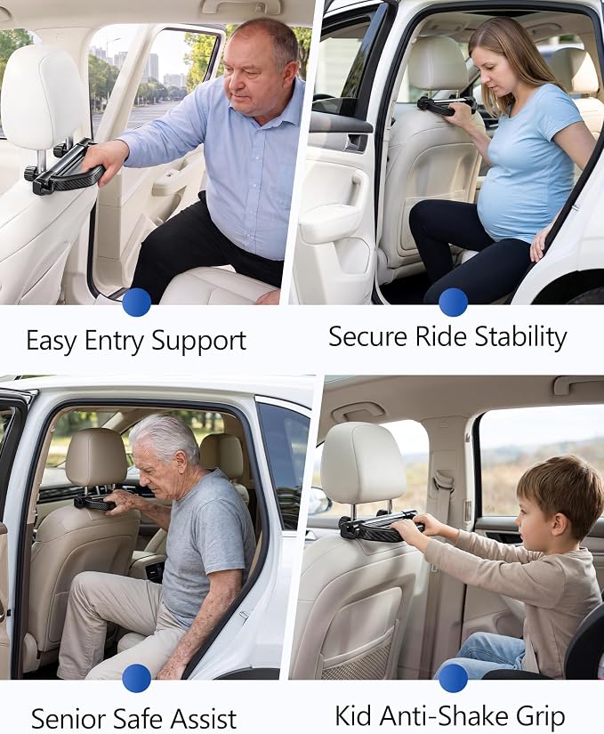 Car Assist Handle for Elderly Pregnant Women Kids - Headrest Mount | Ergonomic Grap Handle, Quality ABS, 2 Storage Hooks, Stable Bolt-Lock System, Broad Compatibility, Easy Installation