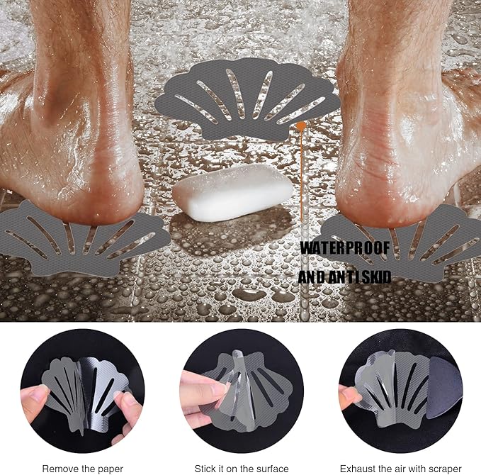 Non-Slip Bathtub Stickers, 24 PCS Shell Safety Bathroom Tubs Showers Treads Adhesive Decals Scraper (Gray)