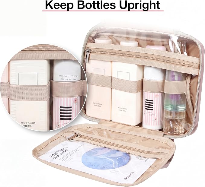 BAGSMART Toiletry Bag Hanging Travel Makeup Organizer with TSA Approved Transparent Cosmetic Bag Makeup Bag for Full Sized Toiletries, Large-Pink