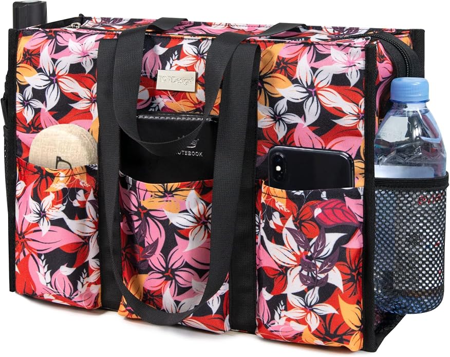TOPDesign Utility Water Resistant Tote Bag with 13 Pockets, Top Zipper Closure & Thick Bottom Support, for Working Women