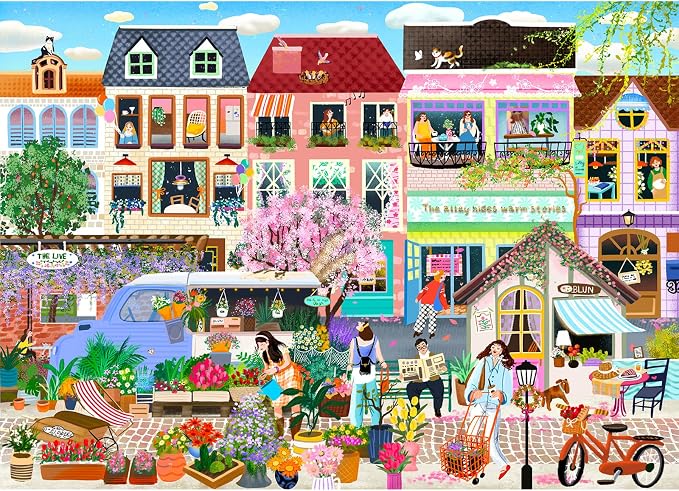 Cottagecore Flower Street Puzzles for Adults 1000 Pieces | 1:1 HD Reference Poster，ABCD Letter Markings on Back,Matte Oil,High Bite Force