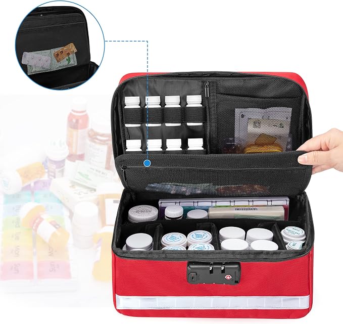Damero Pill Bottle Organizer with Combination Lock and Inner Dividers, Red | Medicine Lock Bag, Medicine Storage and Organizer Bag for Pill Bottles, Vitamins and Medical Supplies