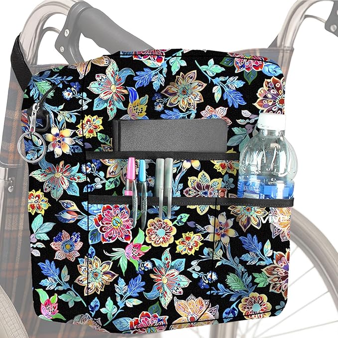 Vive Wheelchair Bag - Machine Washable, Double-Stitched, Water-Resistant Accessory Backpack for Rollators, Wheel Chairs, Walkers - Pouch with XL Pockets & Straps for Quick Installation (Black Floral)