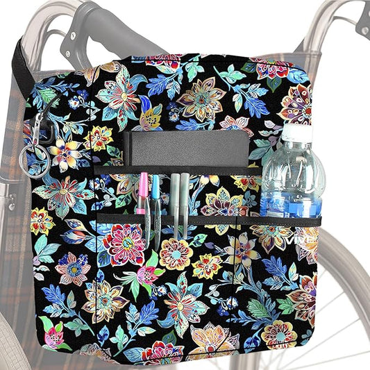 Vive Wheelchair Bag - Machine Washable, Double-Stitched, Water-Resistant Accessory Backpack for Rollators, Wheel Chairs, Walkers - Pouch with XL Pockets & Straps for Quick Installation (Black Floral)