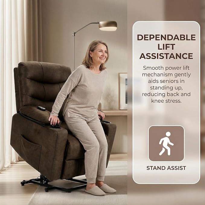 Electric Power Lift Recliner Chair for Elderly, Lift Recliner Chair with Massage and Lumbar Heat, 150° Reclining Chair with Cup Holders, Side Pockets and Remote Control, Ideal for Living Room (Brown)