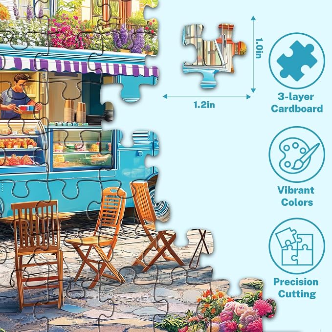 500 Piece Jigsaw Puzzle for Adults, Colorful Coffee Truck on Floral Street | Fresh pastries, vibrant blossoms, cozy sidewalk cafe vibes, family game night, screen-free fun, wall decor and unique gifts