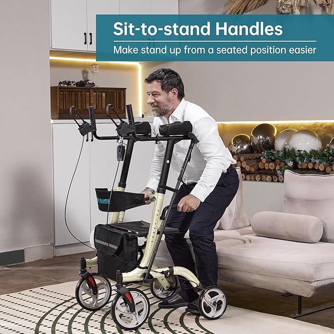 ELENKER Upright Walker, Stand Up Folding Rollator Walker Back Erect Rolling Mobility Walking Aid with Seat, Padded Armrests for Seniors and Adults, Champagne