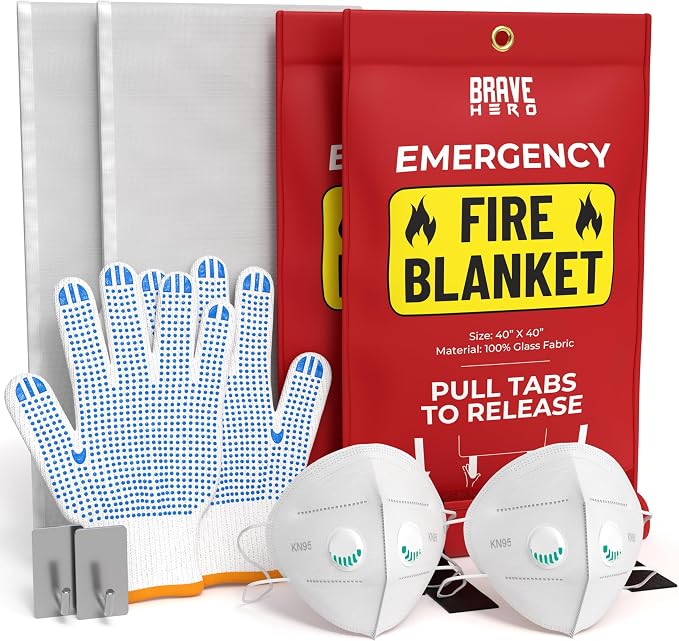 Fire Safety Kit | Kitchen Fire Blanket with Gloves & KN95 Masks | Emergency Fire Suppression Blanket