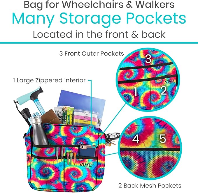 Vive Wheelchair Bag - Machine Washable, Double-Stitched, Water-Resistant Accessory Backpack for Rollators, Wheel Chairs, Walkers - Pouch with XL Pockets & Straps for Quick Installation