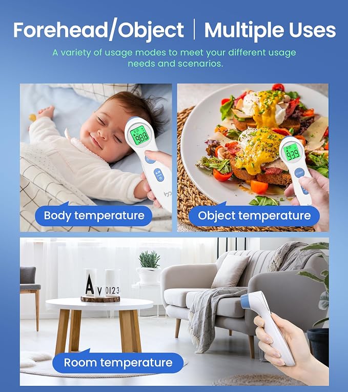 Forehead Thermometer for Adults and Kids, Digital Baby Thermometer | 1s Fast Accurate Reading, 3 Color Fever Alarm, Forehead & Object Mode, Non Contact, Battery Included