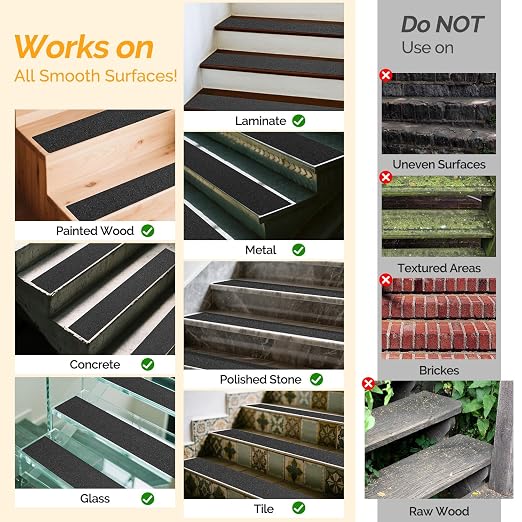 Outdoor Stair Treads for Wooden Steps Non Slip, KOOTETA 8 Pack 30" x 6"Anti Slip Strips Adhesive for Stair, Waterproof Weather Resistant Exterior Grip Tape 80-Grit Non Skid Traction Stair Treads,Black