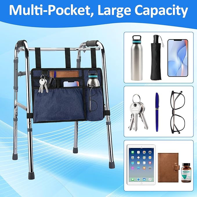 Walker Bag Basket with Cup Holder for Folding Walker Accessories | Walker Bag Carry Storage Pouch Water-Resistant for Seniors, Elderly, Handicap